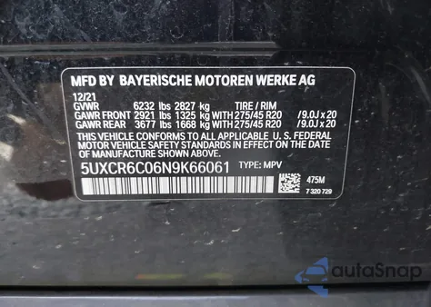 2022 BMW X5 xDrive40I from USA, damaged, VIN 5UXCR6C06N9K66061